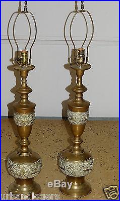 11876/ PAIR Antique Vintage Middle Eastern Islamic Brass Lamp Mythical Birds