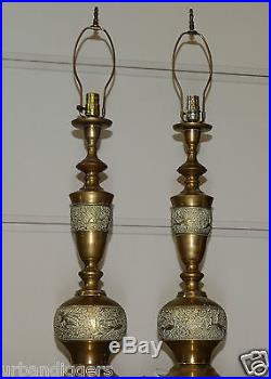 11876/ PAIR Antique Vintage Middle Eastern Islamic Brass Lamp Mythical Birds