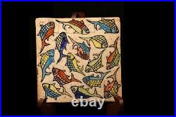 #18,19TH CENTURY ANTIQUE PERSIAN TILE w Swimming Fishes
