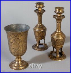 18/19th FINELY ANTIQUE ISLAMIC ARABIC CUP CANDLESTICK GOLD DAMASCENED STEEL