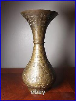 1800's Antique Middle Eastern Hand Hammered Brass Vase With Animal Scene