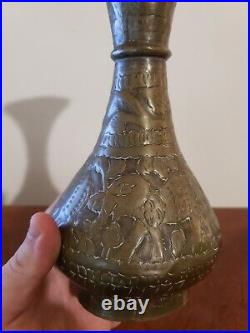 1800's Antique Middle Eastern Hand Hammered Brass Vase With Animal Scene