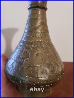 1800's Antique Middle Eastern Hand Hammered Brass Vase With Animal Scene