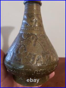 1800's Antique Middle Eastern Hand Hammered Brass Vase With Animal Scene