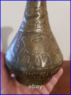 1800's Antique Middle Eastern Hand Hammered Brass Vase With Animal Scene