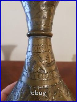 1800's Antique Middle Eastern Hand Hammered Brass Vase With Animal Scene