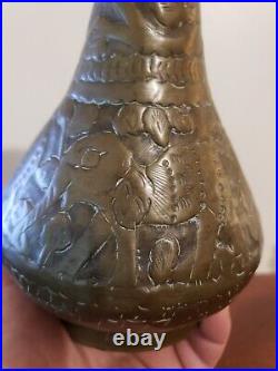 1800's Antique Middle Eastern Hand Hammered Brass Vase With Animal Scene