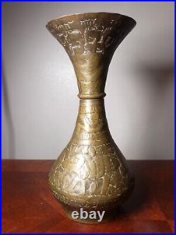 1800's Antique Middle Eastern Hand Hammered Brass Vase With Animal Scene