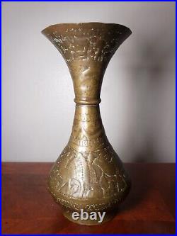 1800's Antique Middle Eastern Hand Hammered Brass Vase With Animal Scene