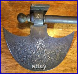 18Th/19Th C. Steel South Asian Axe Weapon, Crescentric Etching/Silver Kaftgari