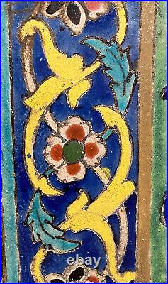 18th Century Antique Persian Islamic Painted Glaze Thick Ceramic Tile Botanical