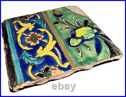 18th Century Antique Persian Islamic Painted Glaze Thick Ceramic Tile Botanical