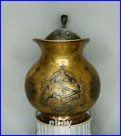19c. Islamic Scroll Silver Inlay Brass Damascus Mamluk Cairoware Pitcher Jug Pot
