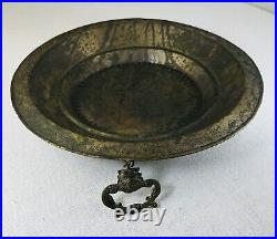 19th C Antique Middle Eastern Copper Bowl Tray Hammered Handled Engraved 14 Di