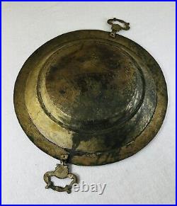 19th C Antique Middle Eastern Copper Bowl Tray Hammered Handled Engraved 14 Di