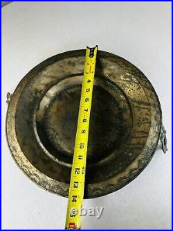 19th C Antique Middle Eastern Copper Bowl Tray Hammered Handled Engraved 14 Di