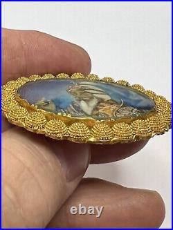 19th Century Brooch Reverse Painting of The Assyrian God Assur Ashur Gold Plate
