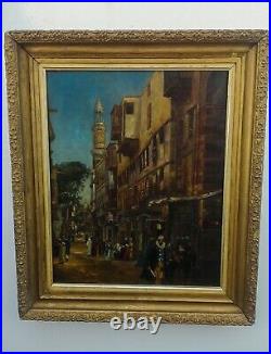 19th Century Orientalist Painting of Busy Middle Eastern Bazaar In Antique Frame