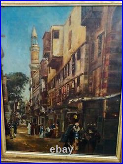 19th Century Orientalist Painting of Busy Middle Eastern Bazaar In Antique Frame