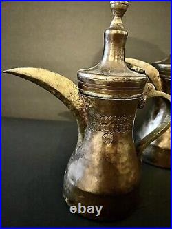 2 Vintage Metal Middle Eastern Handcarved Dallah Coffee Tea Pots With One Cup