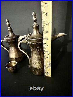 2 Vintage Metal Middle Eastern Handcarved Dallah Coffee Tea Pots With One Cup