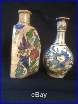 2middle Eastern Triangular Qajar Antique Persian Polychrome Pottery Bottle Flask