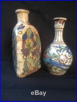 2middle Eastern Triangular Qajar Antique Persian Polychrome Pottery Bottle Flask