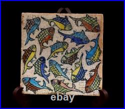 #3, ANTIQUE PERSIAN PAINTED GLAZE THICK CERAMIC TILE w Swimming Fishes
