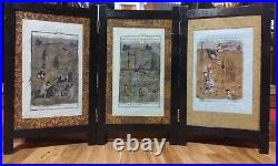 3 Panels Framed Antique Persian Miniature Paintings