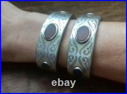 A pair of antique Turkmen Turkoman silver bracelets bilezik tekke 19th
