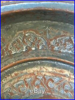ANTIQUE 19`c PERSIAN HAND CRAFTED ENGRAVED SOLID COPPER TRAY PLATE