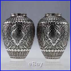 ANTIQUE 20thC PERSIAN SOLID SILVER REPOUSSE PAIR OF VASES, ISFAHAN c. 1910