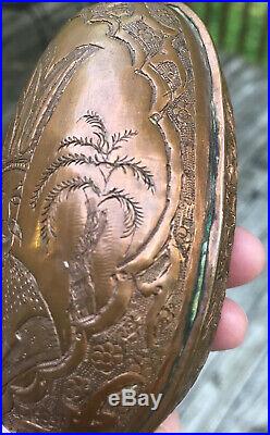 ANTIQUE Engraved Copper Sufi Kashkul Qajar Persian Dervish Beggars Bowl Islamic