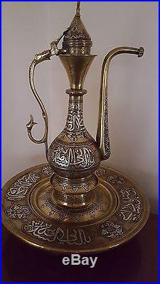 Antique Islamic Damascus Cairoware Brass Ewer & Basin Inlaid Silver & Copper