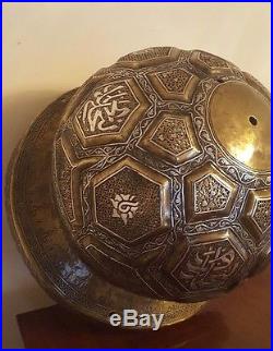 Antique Islamic Persian Damascus Cairoware Mumlok Brass Inlaid Silver Mosque Lam