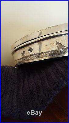 Antique Islamic Persian Iraqi Solid Silver Niello Large Round Box