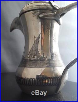 Antique Islamic Persian Ottoman Iraqi Solid Silver Niello Dallah Coffee Pot 19