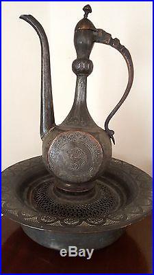 Antique Islamic Persian Ottoman Turkish Arabian Tinned Copper Ewer & Basin 19th