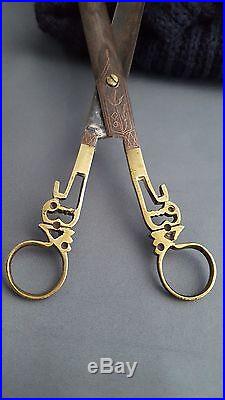Antique Islamic Turkish Persian Ottoman Pair Of Scissors Copper Inlay 1800's