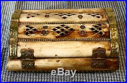 ANTIQUE Middle East CARVED CAMEL BONE & BRASS JEWELRY TRINKET BOX 6'