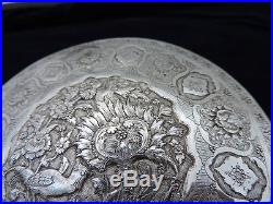 ANTIQUE ULTRA FINE H-CHASED PERSIAN QAJAR ISLAMIC SOLID SILVER ROUND BOX 385 gr
