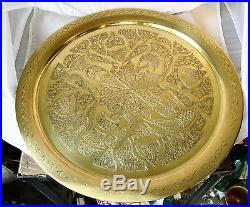 ANTIQUE VINTAGE Middle East Oriental Engraved Solid BRASS Coffee TABLE Tray 18'