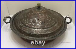 ANTQ 19c Engraved Middle East Persian Copper Lidded Pot Kashmiri Rice Bowl, 16