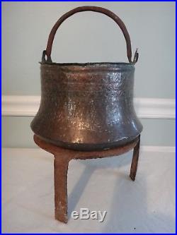 Ancient Antique Persian Copper Pot Cauldron Kettle Wrought Iron Bale on Trivet