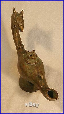 Ancient BRONZE GRIFFIN & CAT OIL LAMP Persian Islamic Nice Patina Original