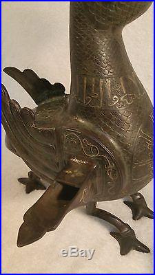 Ancient BRONZE SILVER & COPPER INLAY 3 Wick OIL LAMP Persian Seljuk Khurasan