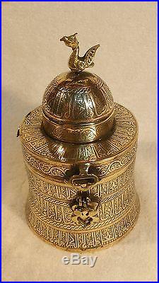 Ancient BRONZE with SILVER & COPPER Inlay Bird Topped Dome Jewelry Keepsake