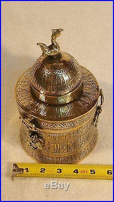 Ancient BRONZE with SILVER & COPPER Inlay Bird Topped Dome Jewelry Keepsake