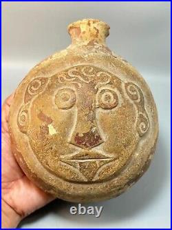 Ancient Culture Roman Sassanid Terracotta Pot Carved Sun And Lion Figure