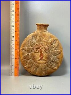 Ancient Culture Roman Sassanid Terracotta Pot Carved Sun And Lion Figure